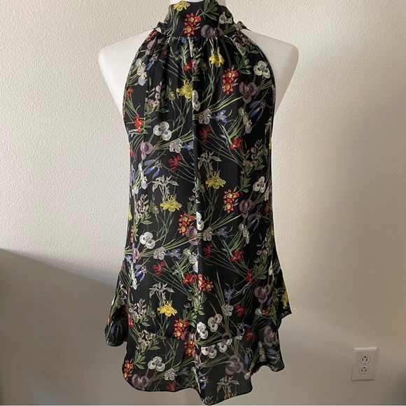 Max Studio Floral Tropical Tie Front Sleeveless Ruffle Blouse - Picture 5 of 15
